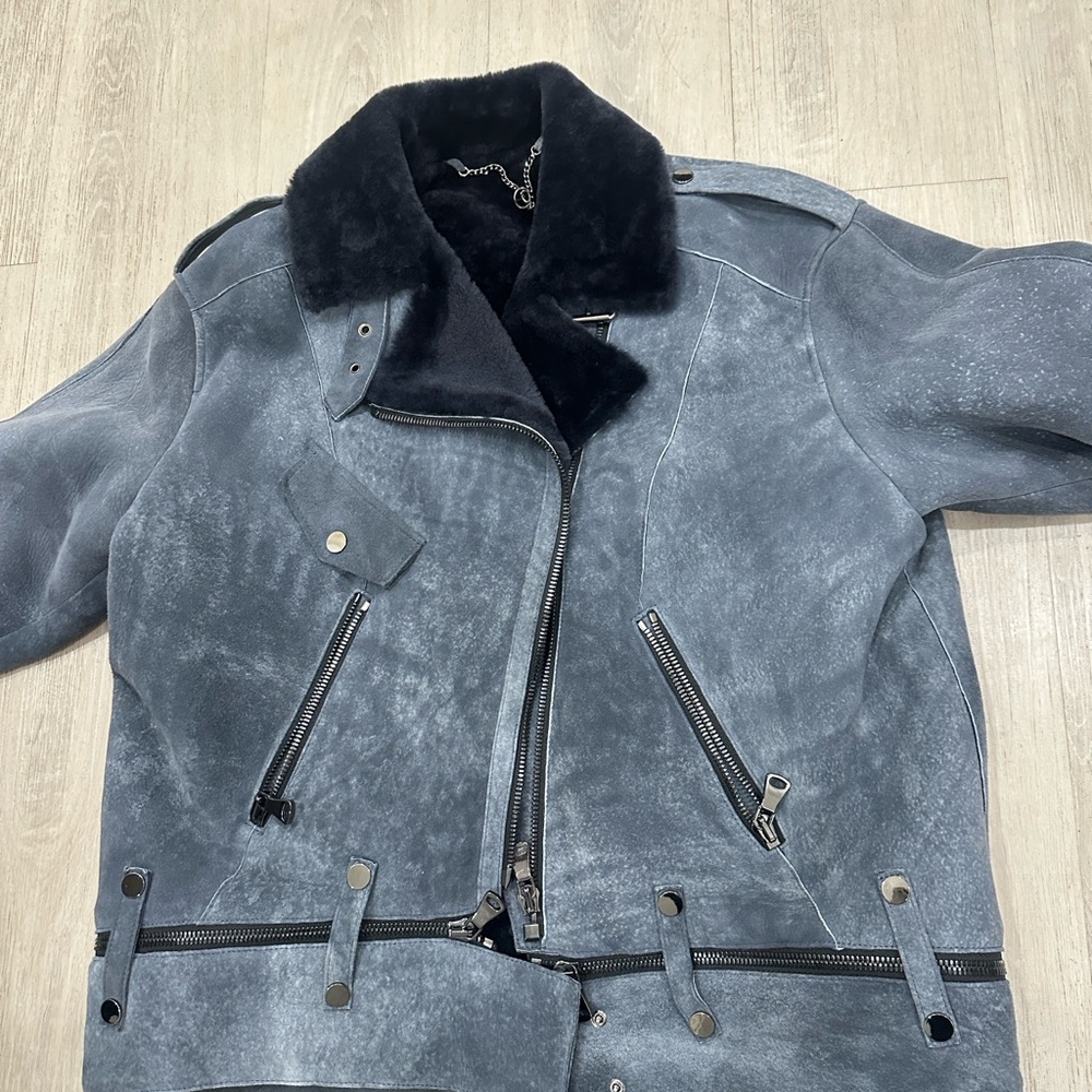 Stylish Gray Suede Jacket with Black Collar